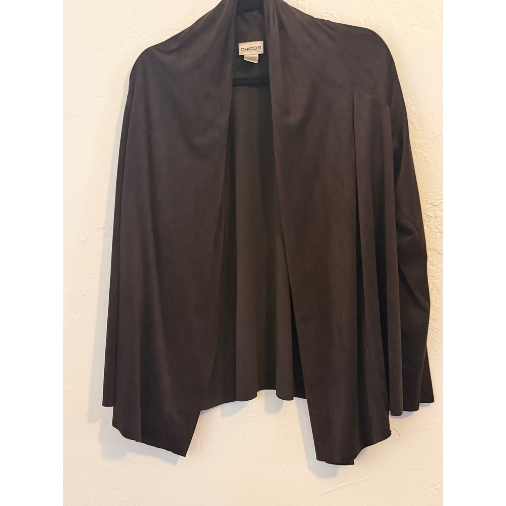 Chicos Faux Suede Open Front Cardigan Brown Draped Shawl Collar Size 2 Large